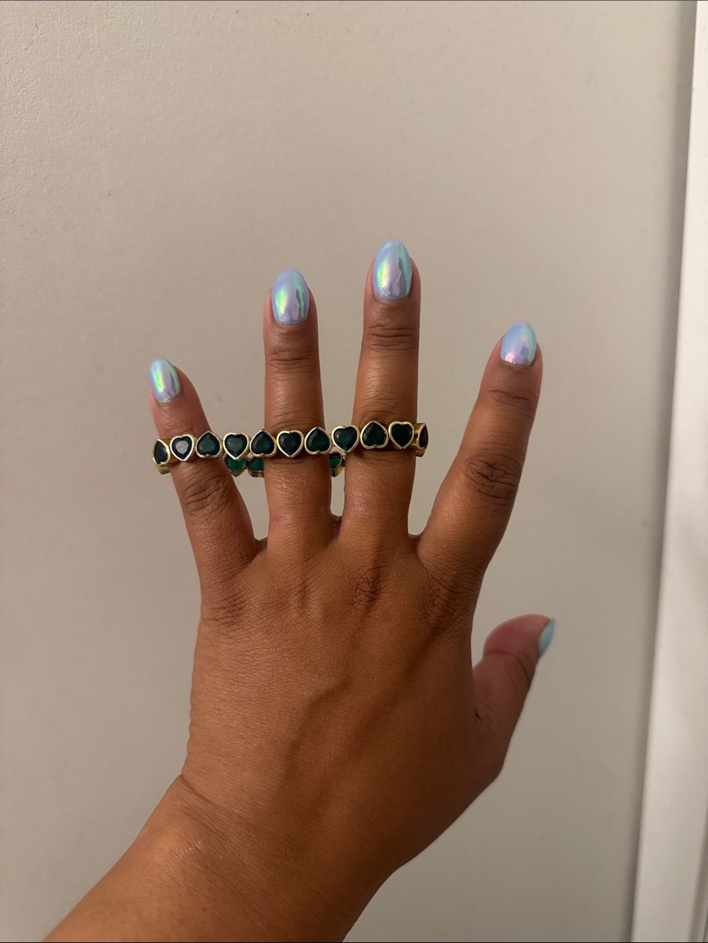 Gold Band Ring with Dark Green Heart Enamel - Women's Jewelry